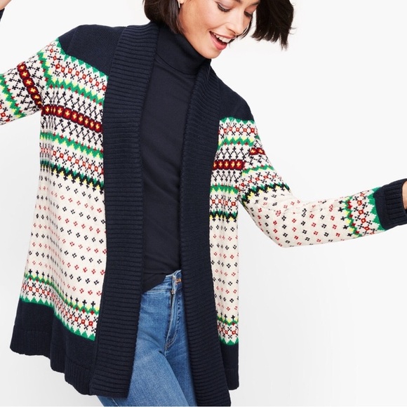 Talbots Fair Isle Cardigan Sweater Women's Medium Shawl Collar Open Front - Picture 6 of 9
